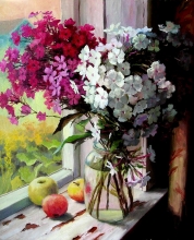 Phloxes On The Window Sill - oil, canvas, dammar varnish