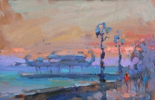 Yalta Embankment In The Evening - oil, canvas on cardboard