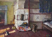 In The Village Log House - oil, canvas