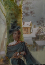 Dame In A Winter Landscape - toned paper, watercolors, white paint